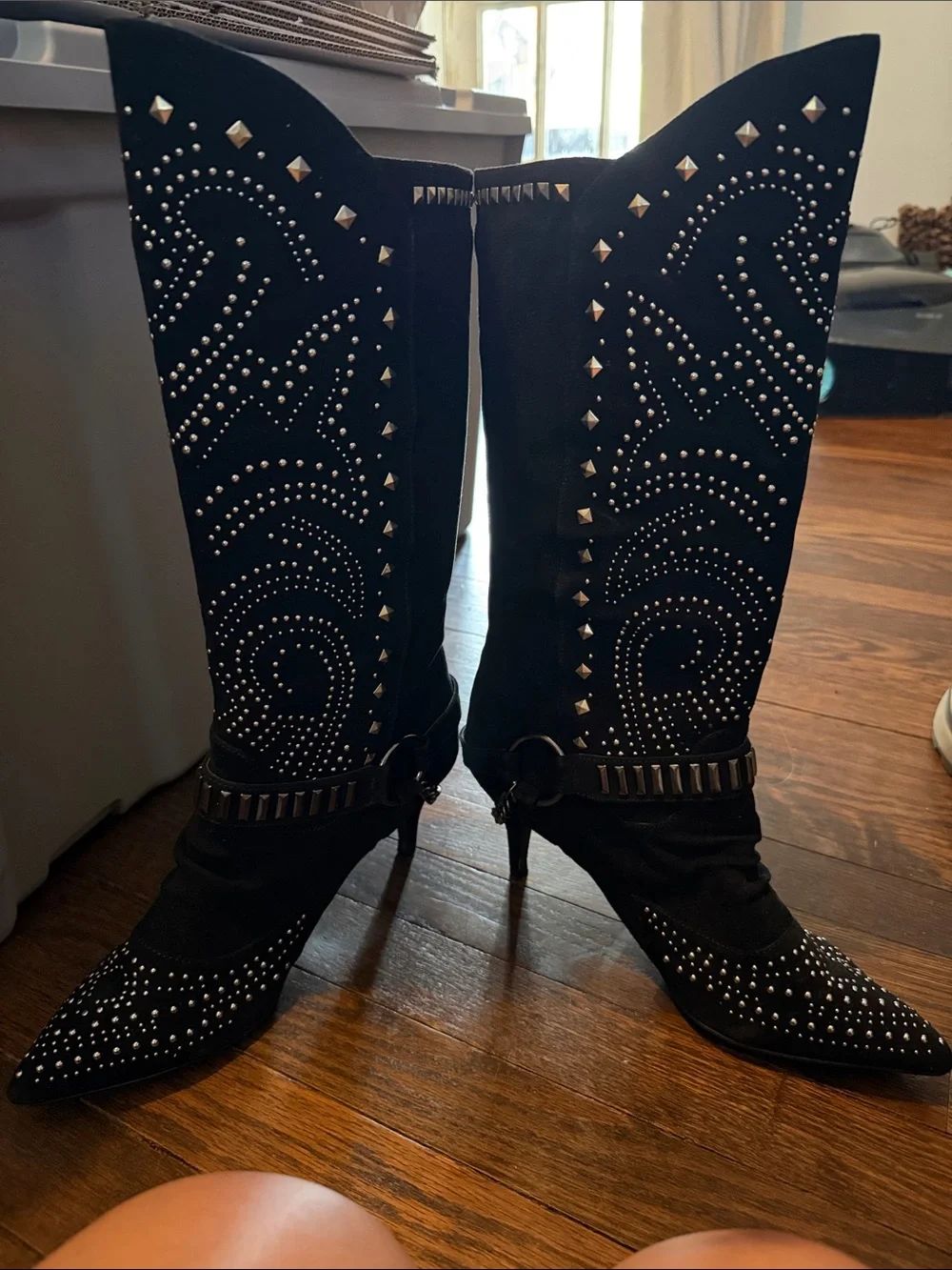 ASHRO Women’s 12M Black Studded Western Cowboy Tall Boots Pointed Toe